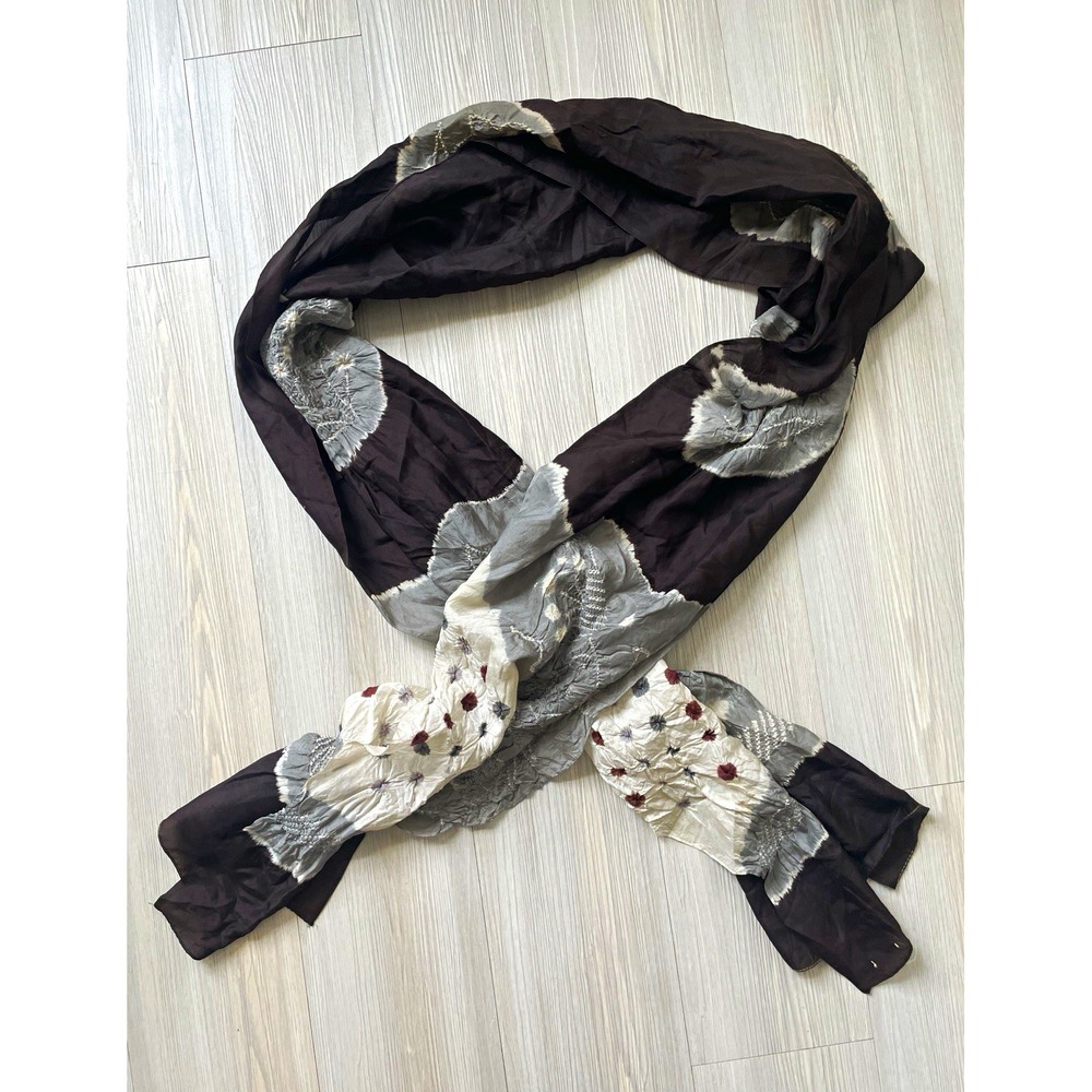 Women's Brown Gray Floral 100% Silk Embroidered Scarf Made in Japan One Size